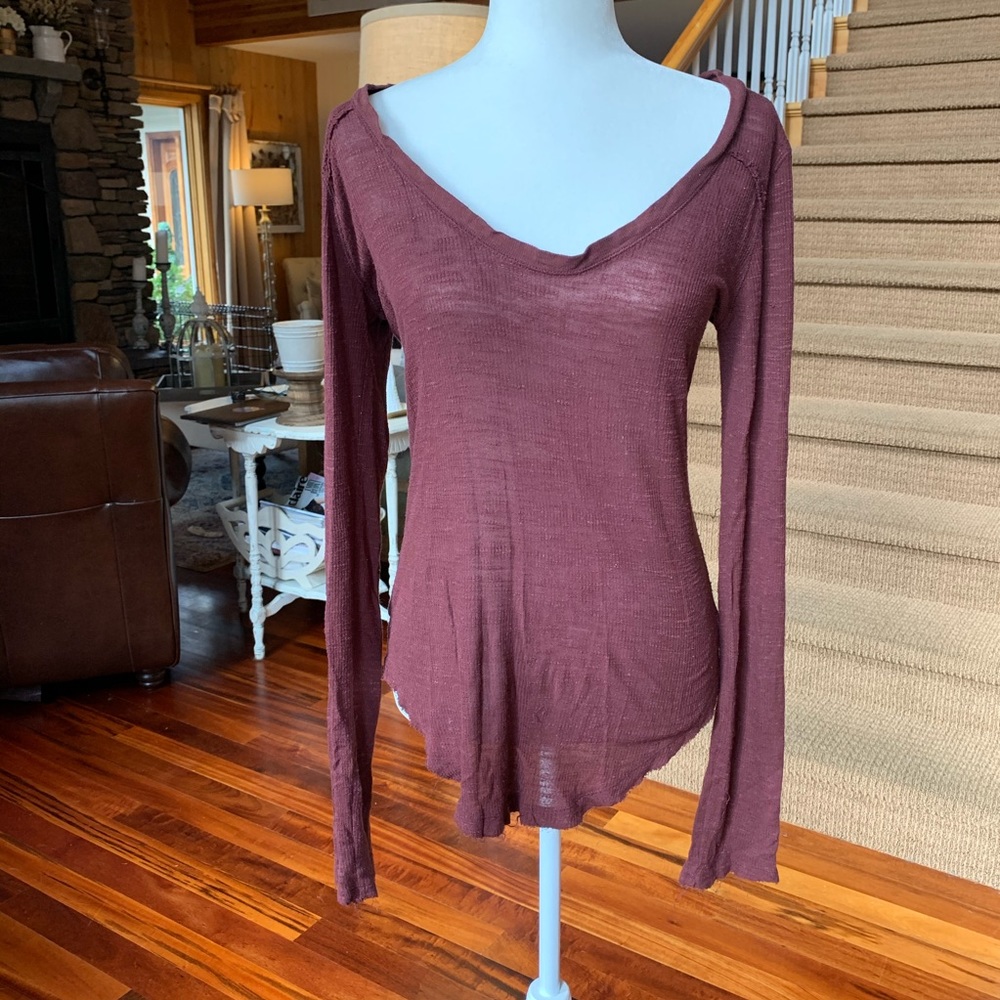 Free People Distressed Maroon Long Sleeve
